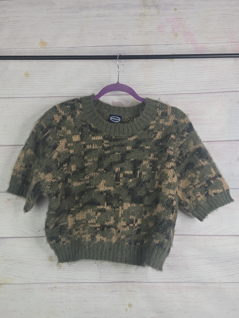 Cozy Cropped Short Sleeve Sweater - Green & Tan Sz XXL NWT